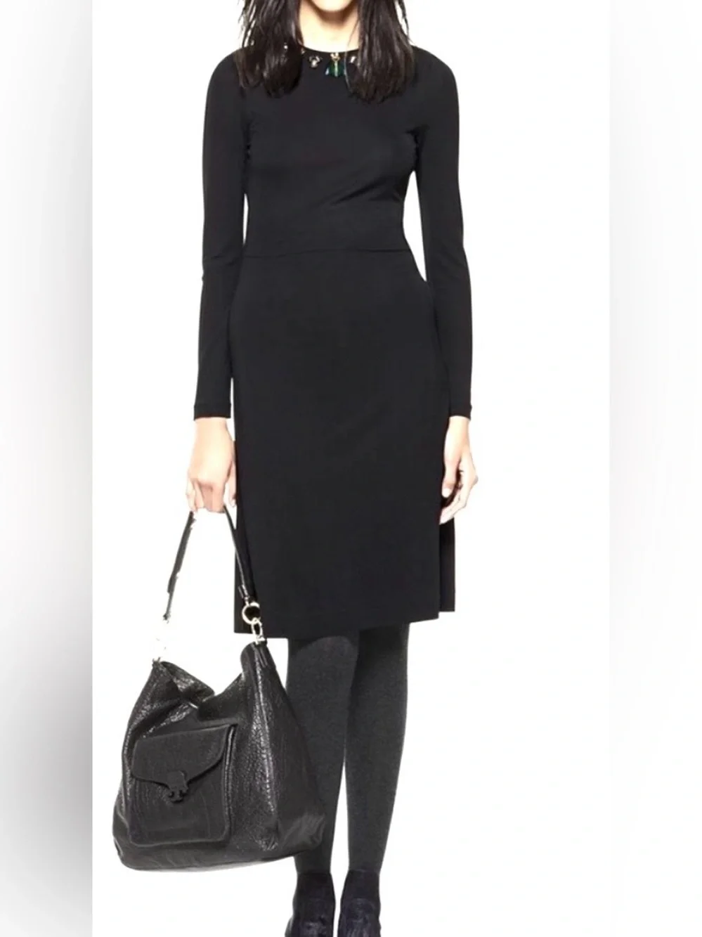 Tory Burch Deena Midi Dress Black Jewel accents Long Sleeve Stretchy Size S NWT